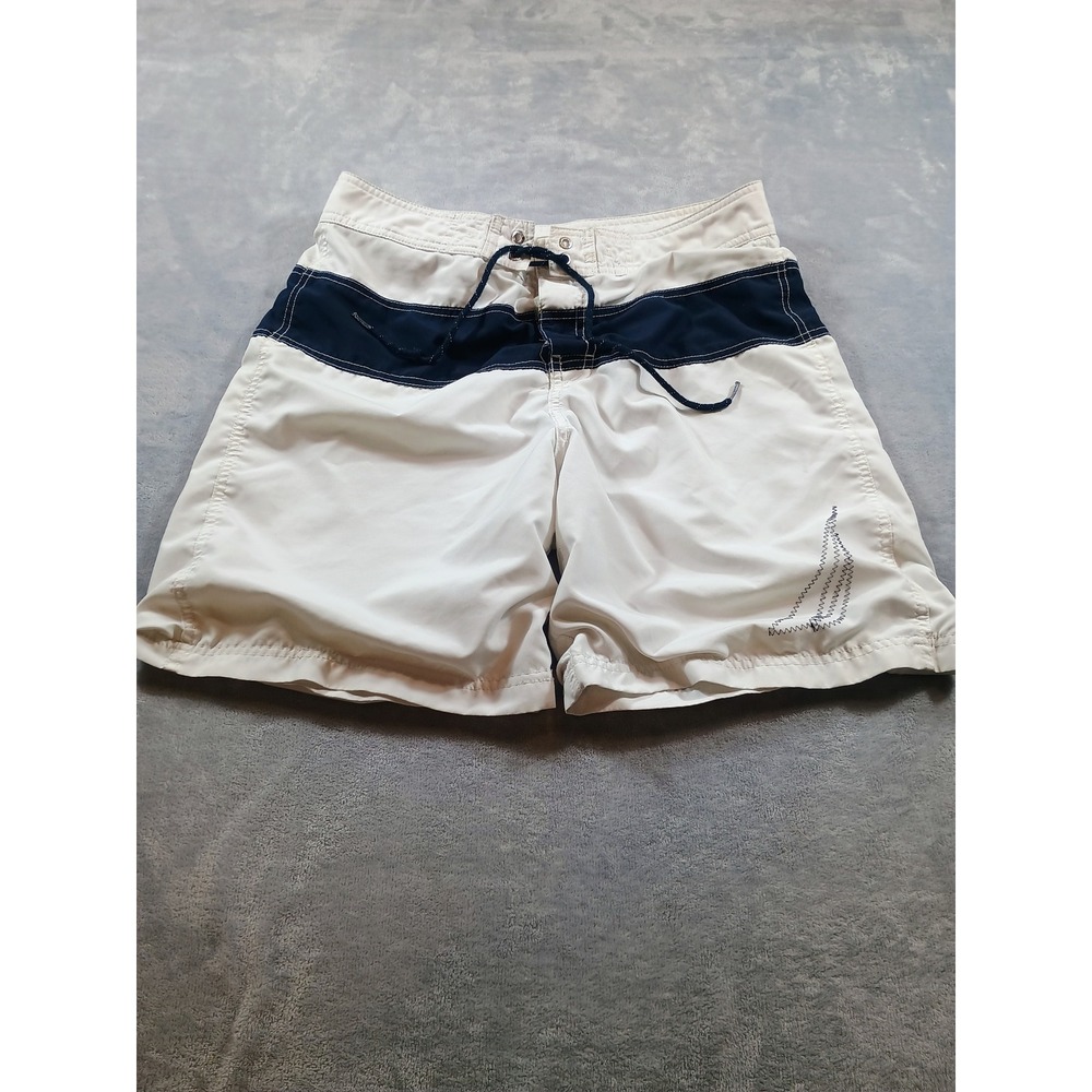 Nautica Mens Board Shorts White Navy 32W Colorblock Swim Trunks